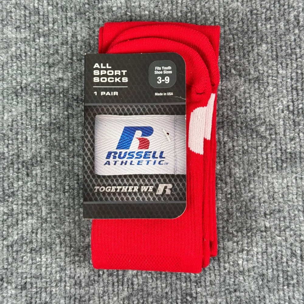 Russell Athletic Socks Youth Size 3-9 All Sport Red‎ White Baseball USA Made NEW